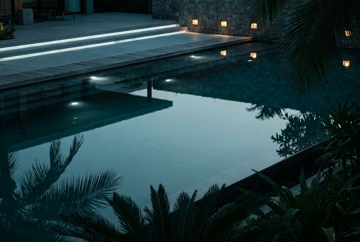 Illustrative: resort pool at blue hour